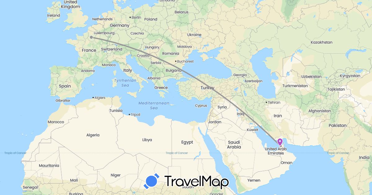 TravelMap itinerary: driving, plane, train in United Arab Emirates, France (Asia, Europe)